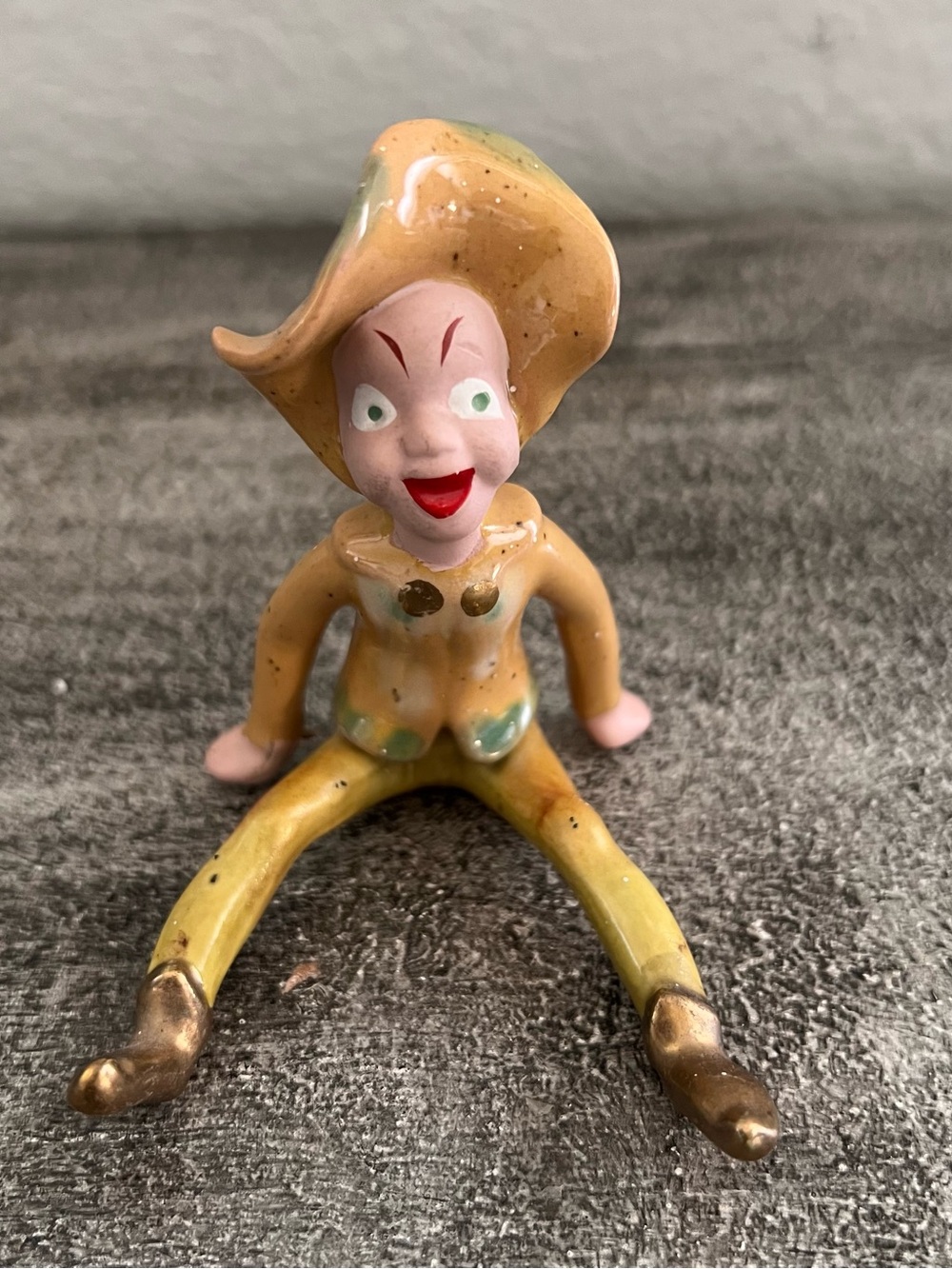 Vintage Millesan Drews Pixie/Elf Figurine Sitting Split Legged In Yellow Outfit